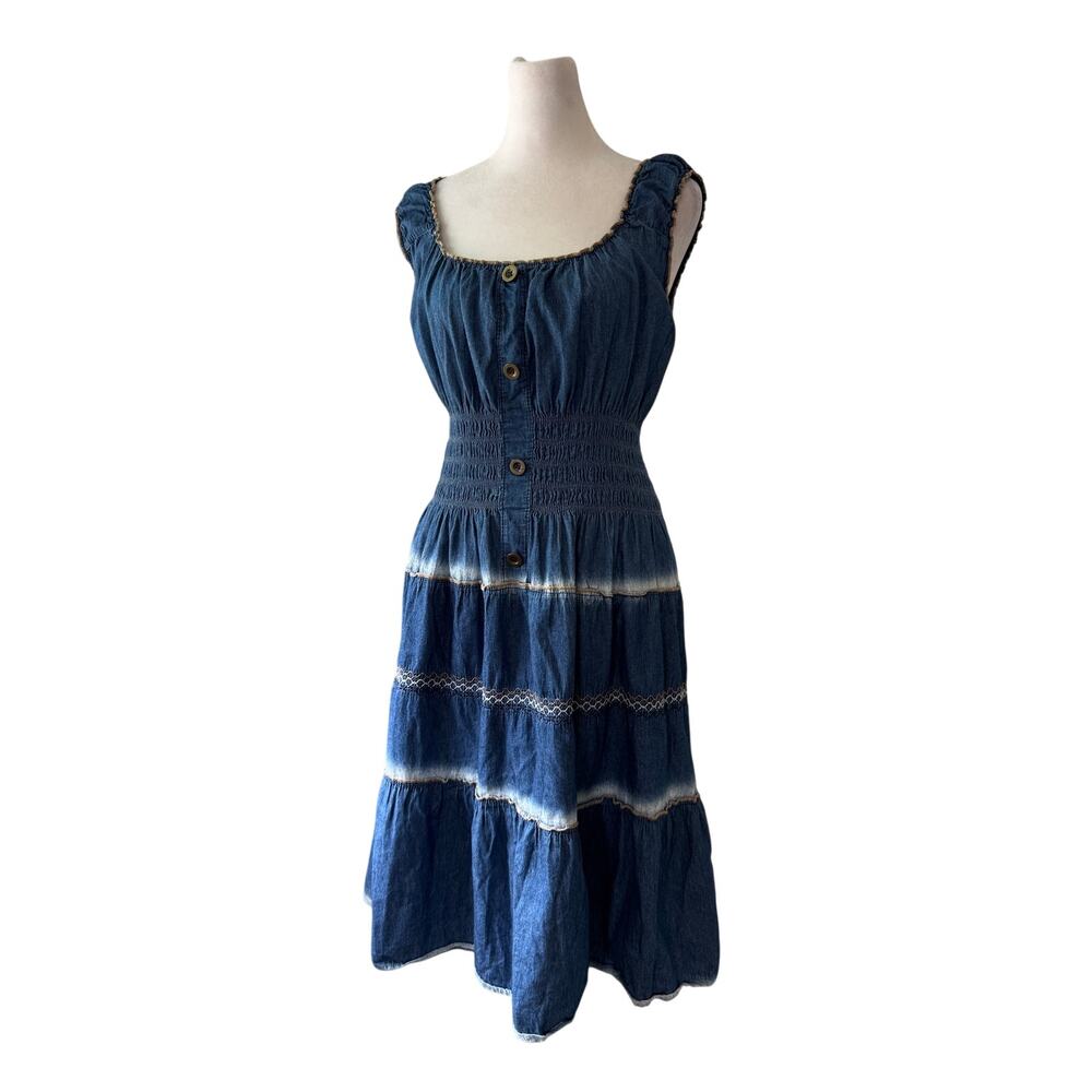 Indigo & Lace Blue Smocked Waist Scoop Neck Knee Length Milkmaid Dress